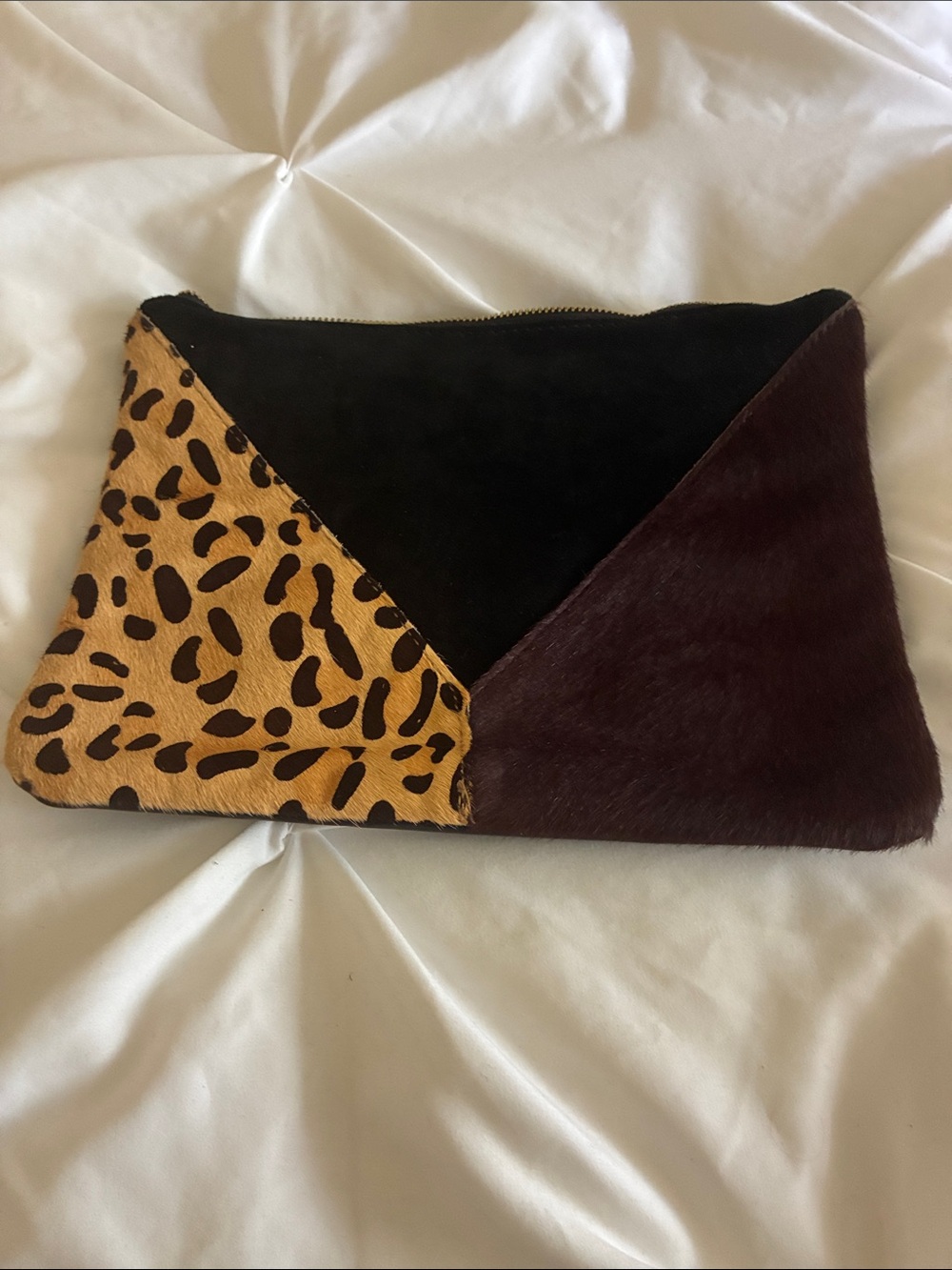 Patchwork Haircalf Clutch in Black, Tan Leopard & Brown